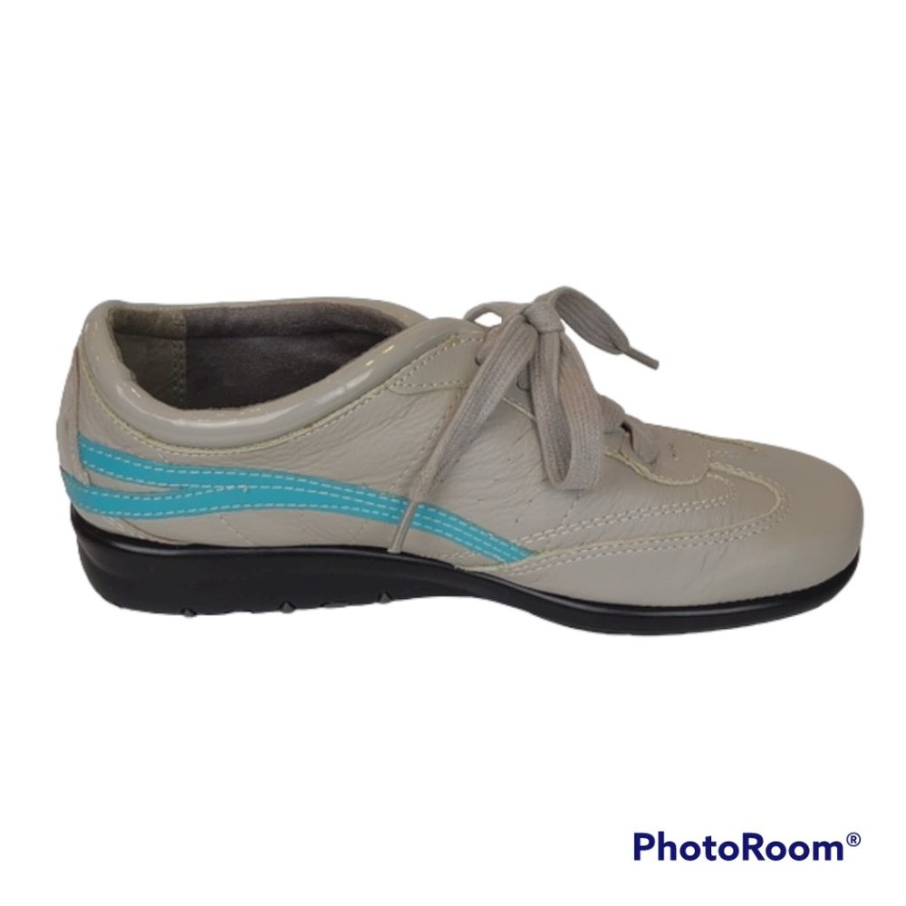 Aerosoles Stich N Turn Leather Gray/Blue "Air Cushion" LaceUp Wedge Sneakers NEW